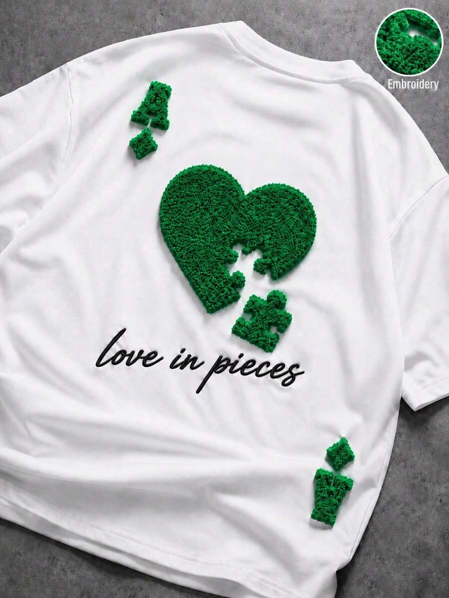Men's Heart Embroidery Crew Neck Short Sleeve Casual Versatile T-Shirt