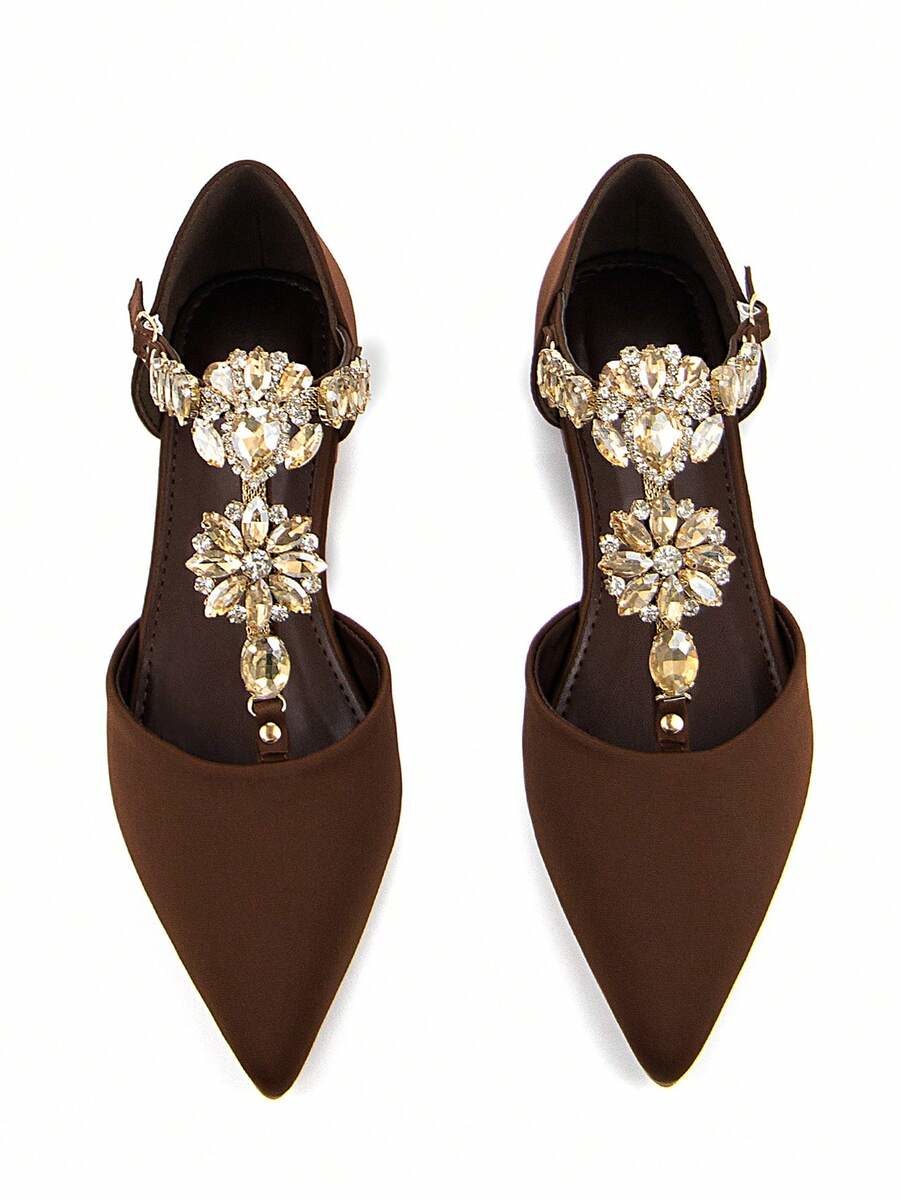 Women's Decor Brown Lycra Fabric Pointed Toe Hollow Out Ankle Strap Flat Shoes
