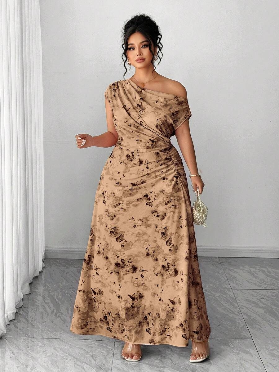 Plus Size Off-Shoulder Cinched Waist Slimming Romantic Floral A-Line Maxi Dress