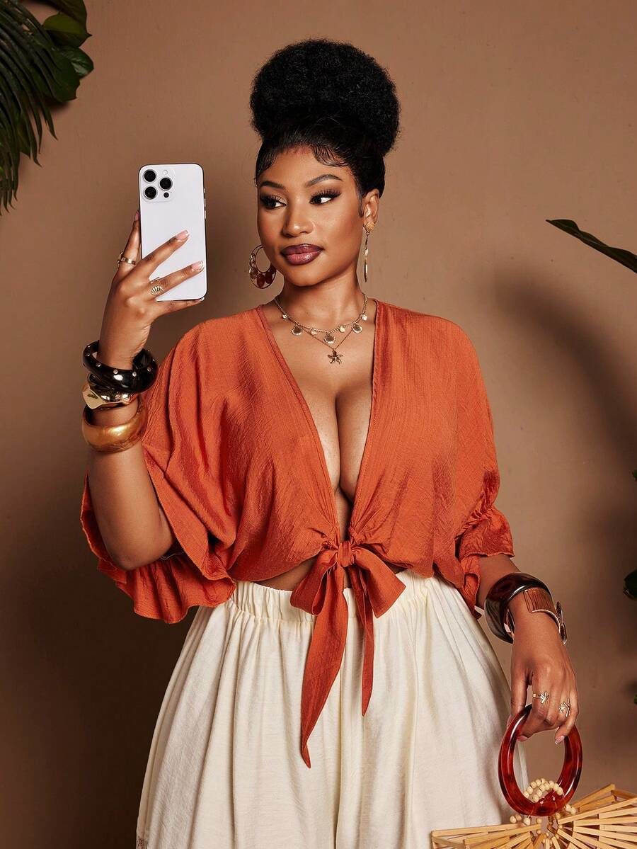 Burnt Orange Boho Plus Size Women Open Front Tie Bow Short Sleeve Blouse Top