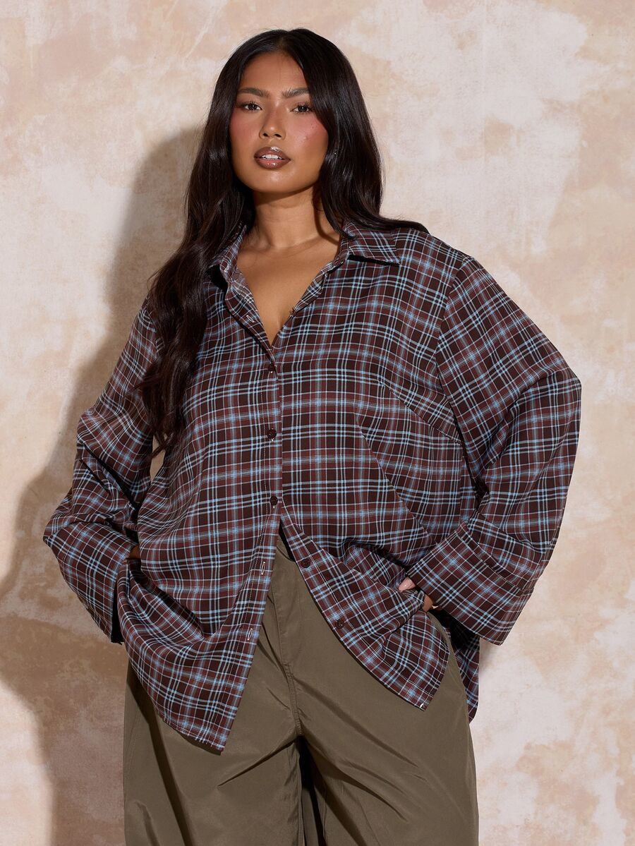 Plus Size Trending Season Chocolate And Blue Clothes For Women Loose Fit Shirt