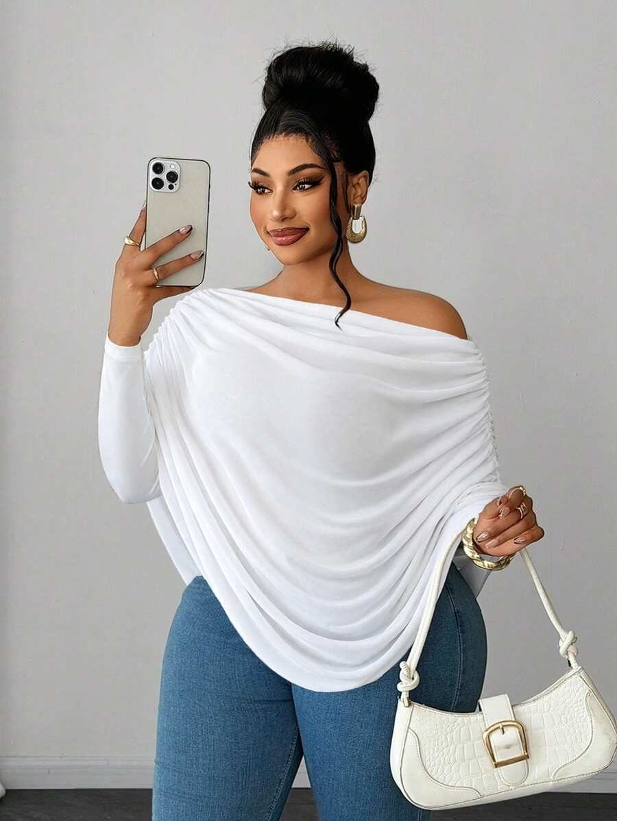 Off-Shoulder Draped Long Sleeve Blouse