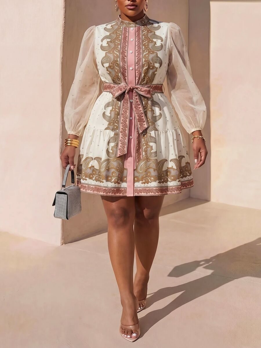 Elegant Rose Gold Sheer Puff Sleeve Long Sleeve Patchwork Hem Bow Tie Dress