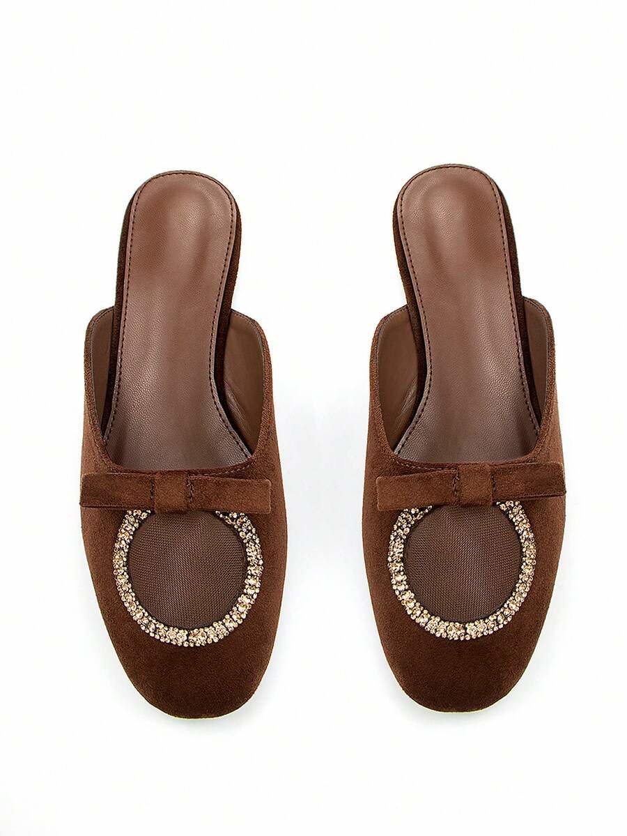 Women's Hollow Vamp Bow Decor Brown Suede Square Toe Slip-On Mule Flats