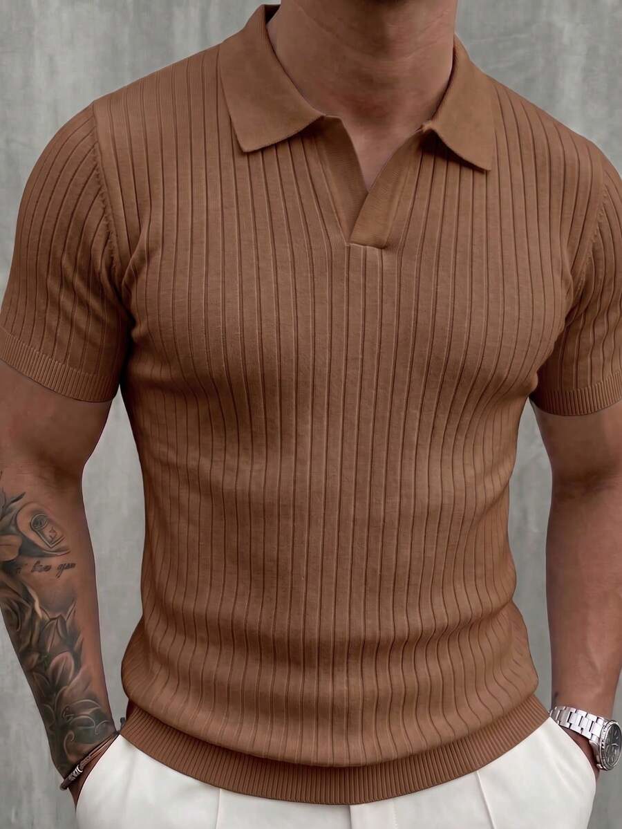 Men's Classic Ribbed Knit Polo Short Sleeve Shirt