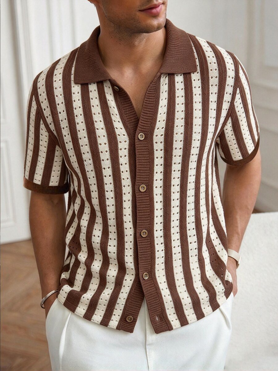 Men's Colorblock Brown Striped Short Sleeve Knit Top