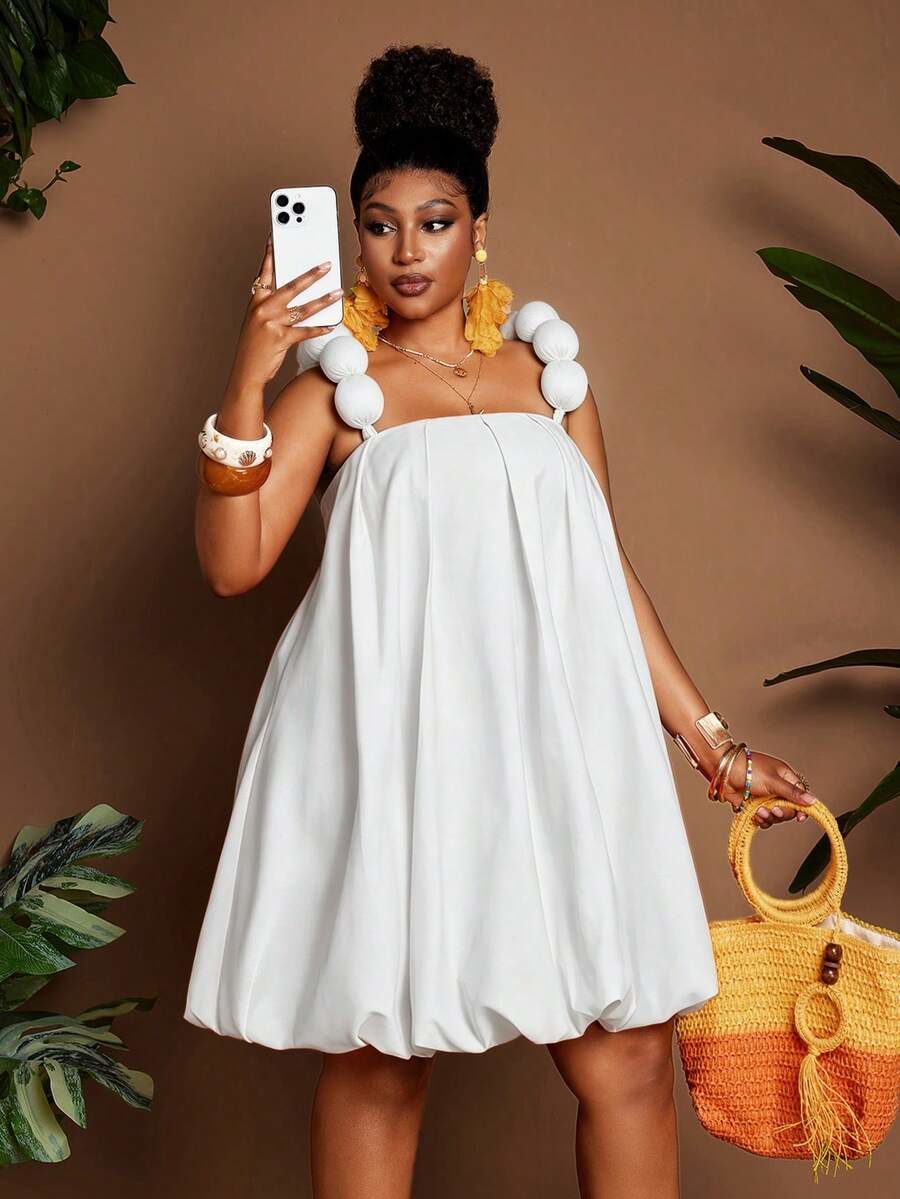 Plus Size Sexy Niche Design Floral Puff Shoulder Strap Loose Peplum Dress