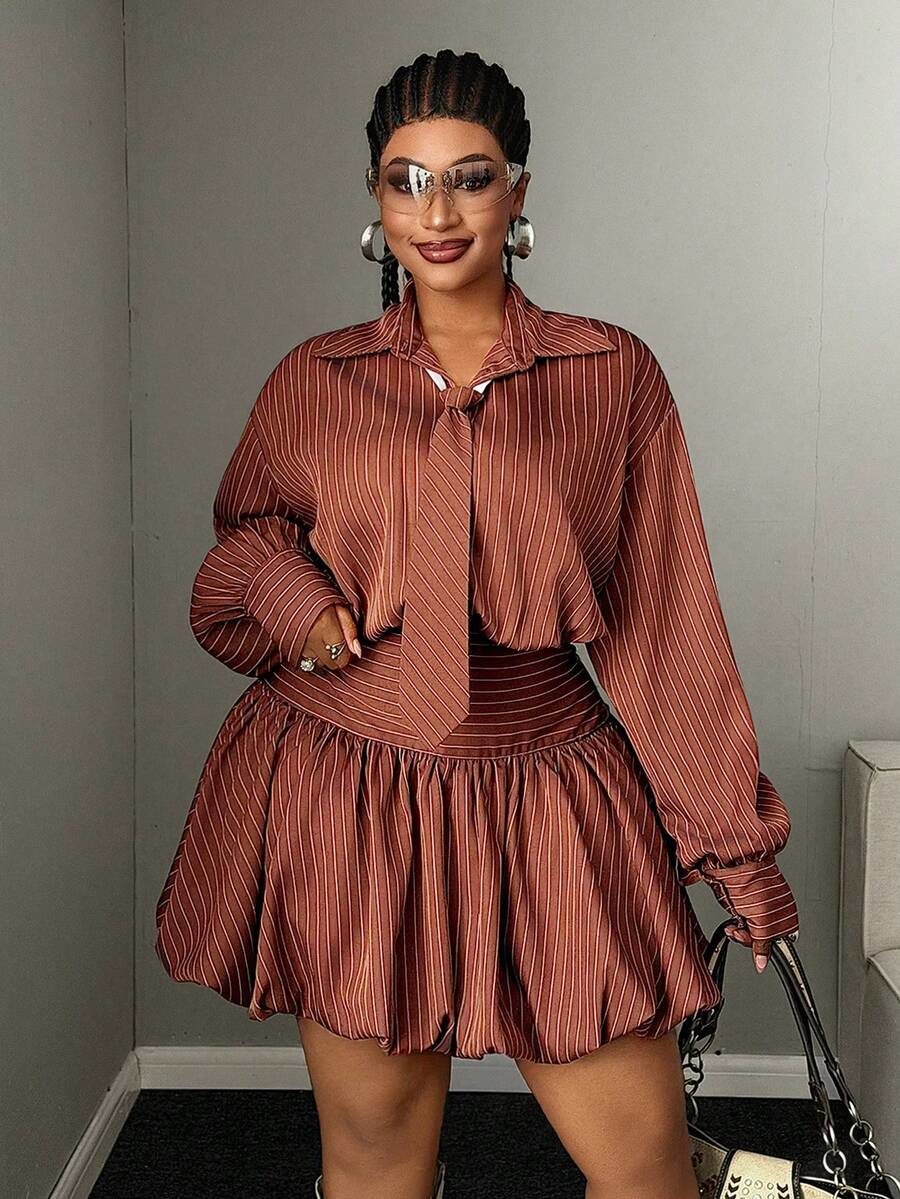 Plus Size Women's Brown Pleated Casual Elegant Daily Fall Dress Office Formal