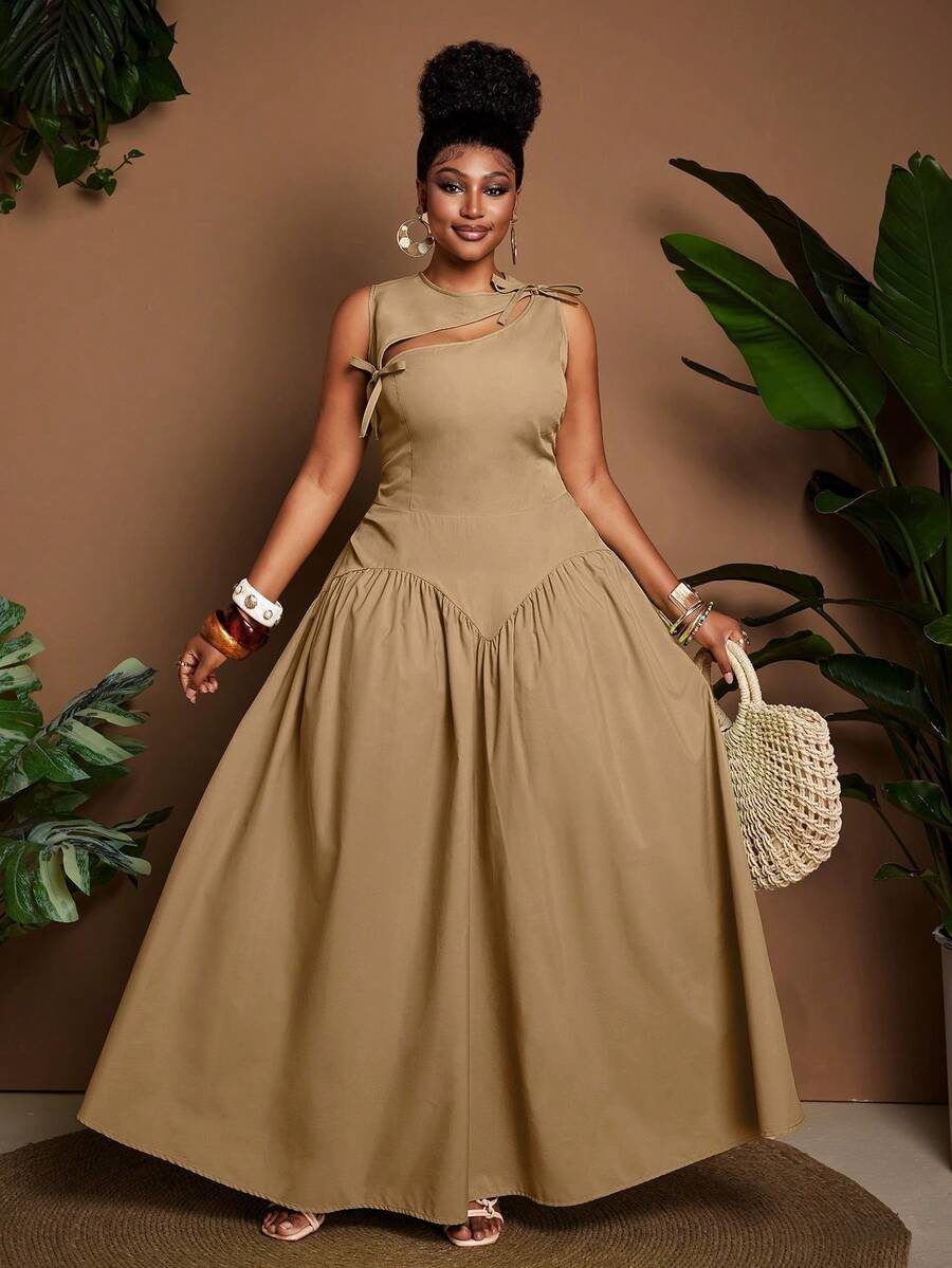 Plus Size Sexy Fitted Hollow Bowknot Waist Sleeveless Dress