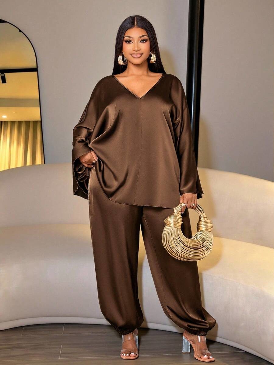 Women's Plus Size Commuting Home Satin V-Neck Loose Drape Top