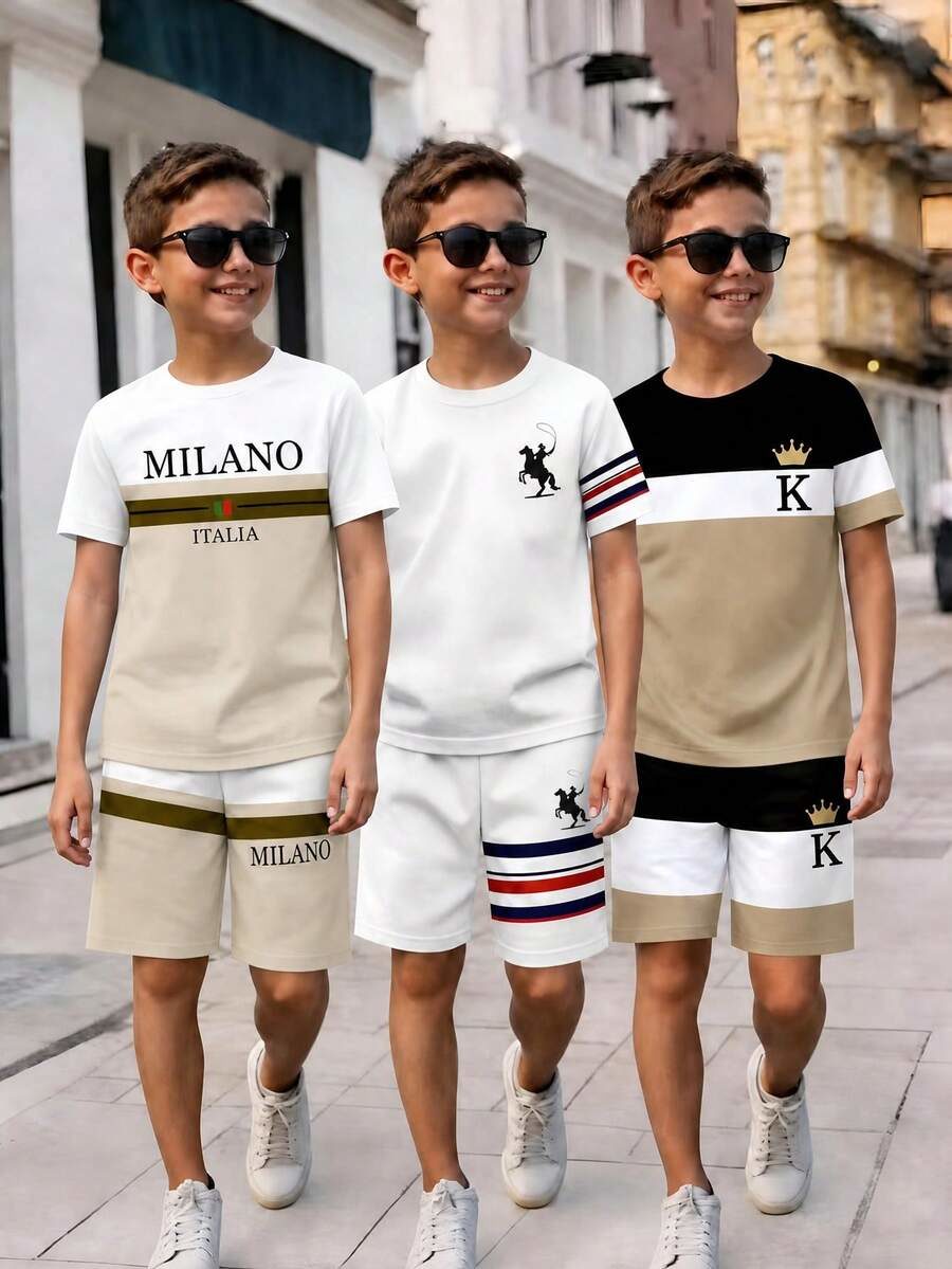 Letter Print Round Neck Short Sleeve T-Shirt And Pocket Shorts Casual Sports Set