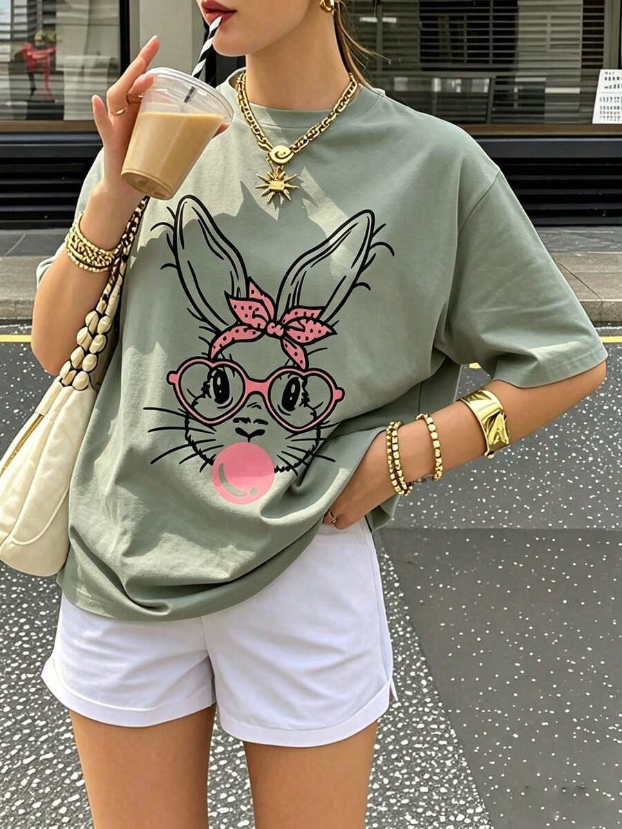 Sage Green Cute Bubblegum Rabbit Pattern Short Sleeve T-Shirt
