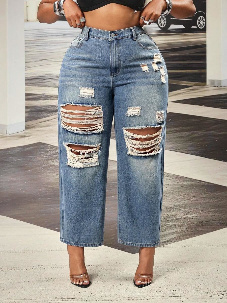 Plus Size Women Cowgirl Style Blue Non-Stretch Distressed Straight Leg Pants