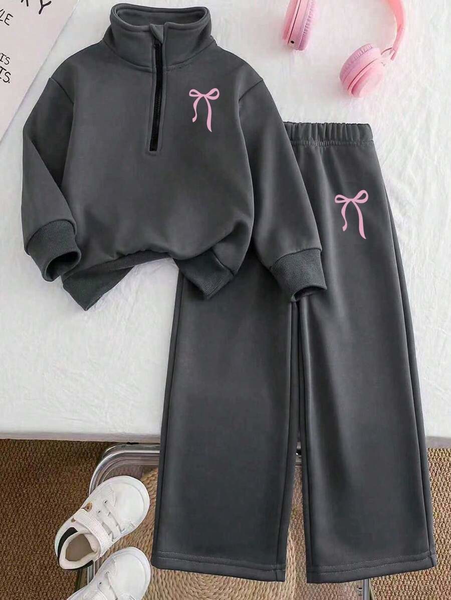 2pcs Tween Girls Cartoon Print Solid Color Sweatshirt And Pants Set