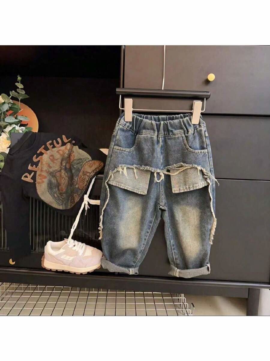 Young Boy Washed Denim Loose Straight-Leg Ripped Jeans