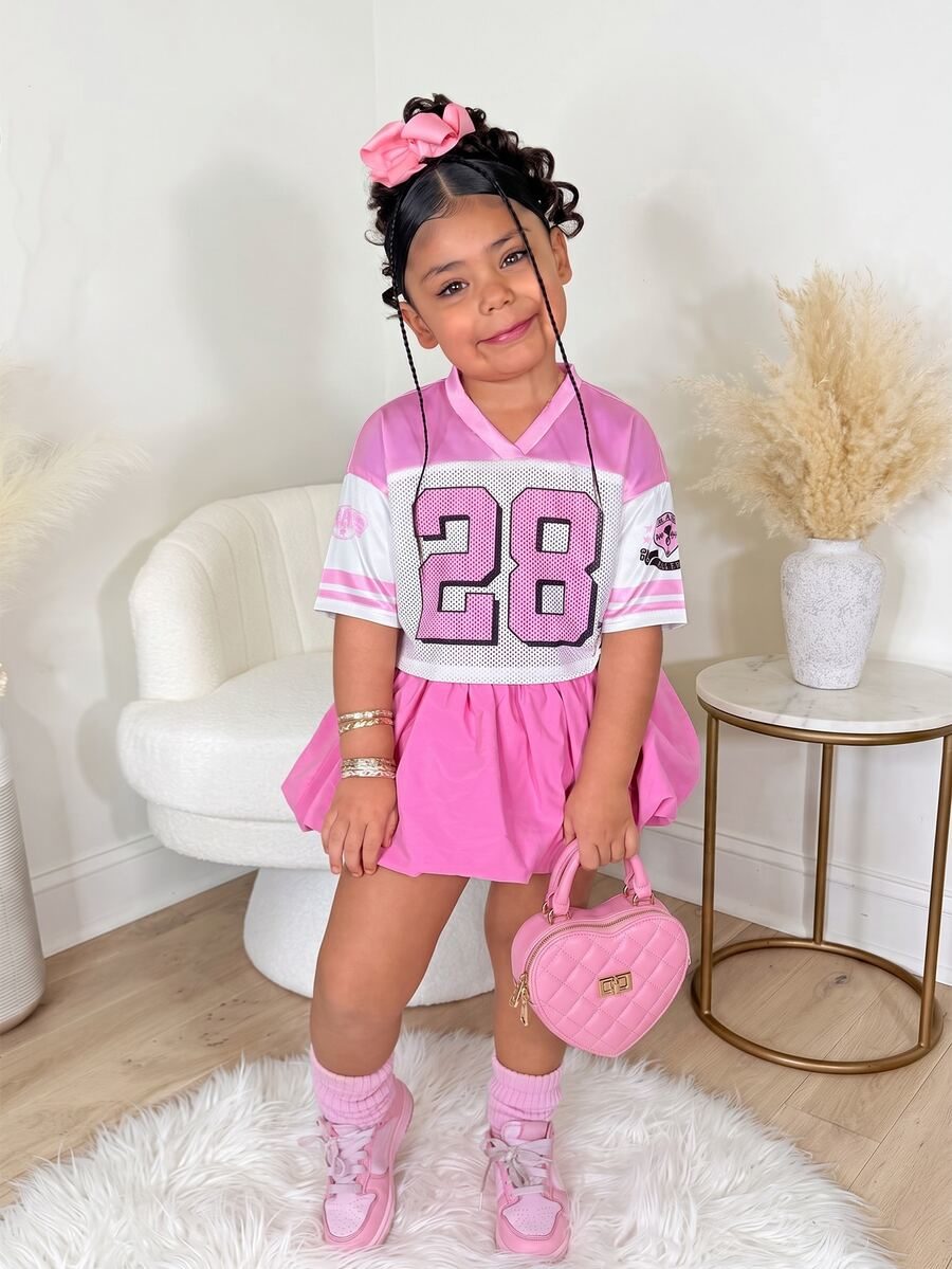 2pcs/Set Sports Casual V-Neck Short Sleeve Graphic Print Top + Pink Bubble Skirt