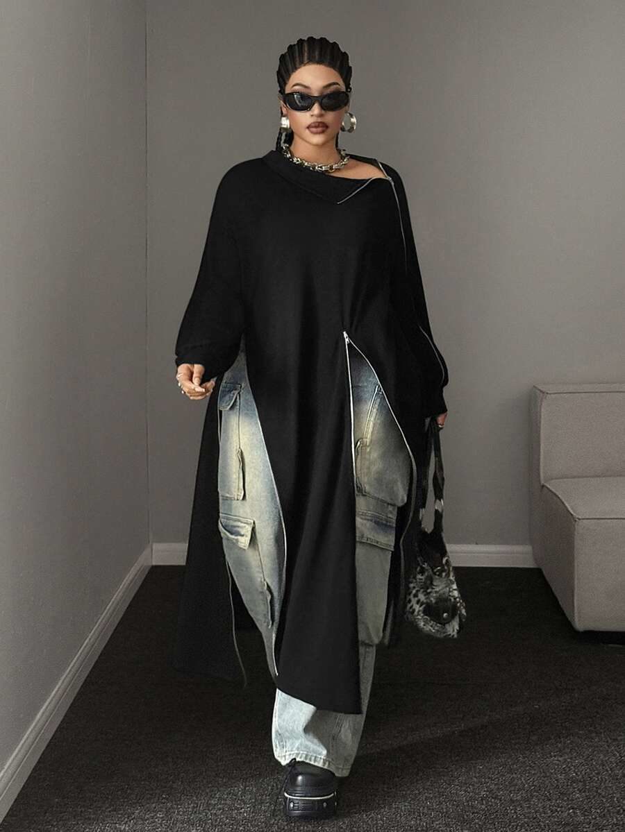 Plus Size Women Sexy High Neck Zipper Long Patchwork Sleeve Long Dress