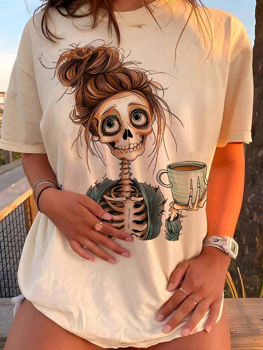 Women's Casual Loose Fit Skull Print Round Neck Drop Shoulder Sleeve T-Shirt