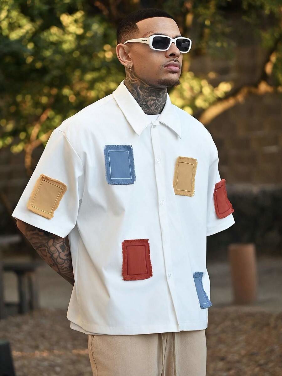 Men's Fashion Casual Color Clash Applique Embroidered Button Up White Boxy Shirt