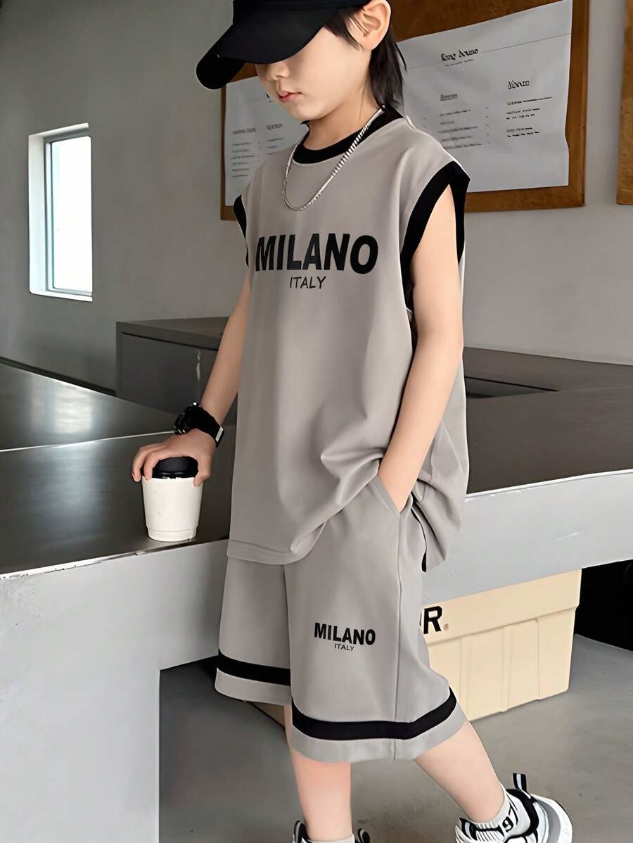 Loose Letter Print Crew Neck Short Sleeve T-Shirt And Elastic Waist Shorts Set