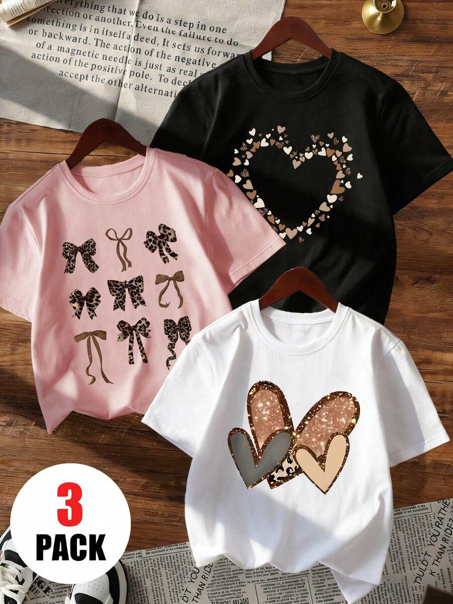 3pcs/Set Girls Casual Printed Round Neck Short Sleeve T-Shirt