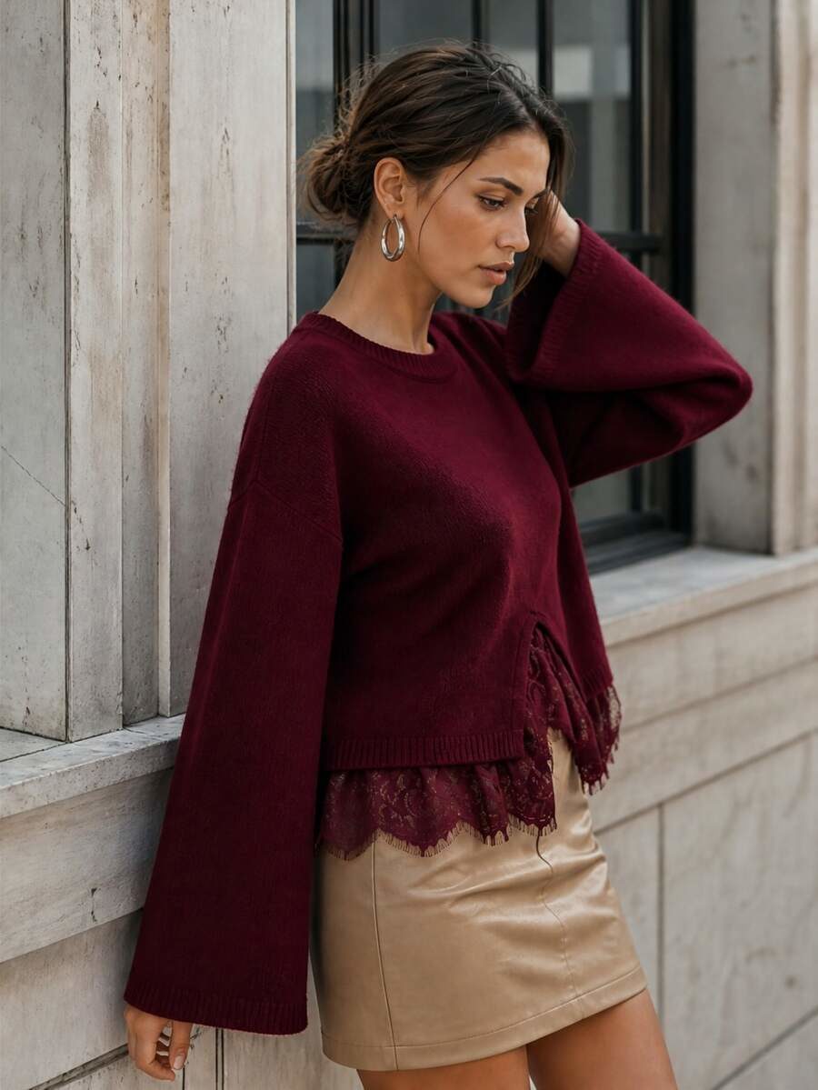 Autumn/Winter New Sexy Style Lace Patchwork Knit Sweater