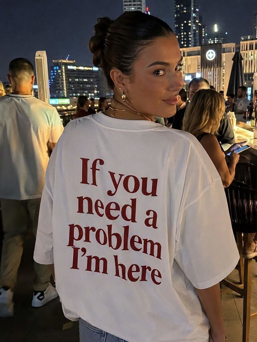 Plus Size Women's White Funny English Slogan T-Shirt