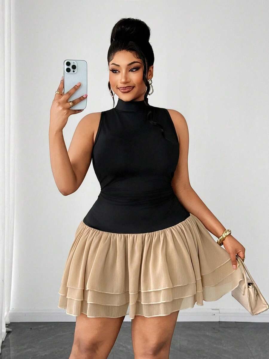 Plus Size Women's Cake Style Short Off-Shoulder Dress Black Summer Elegant