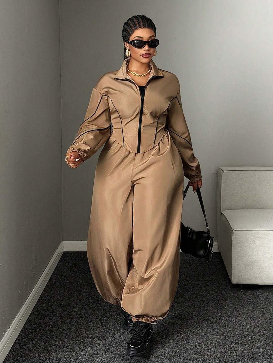 Plus Size Women's Long Sleeve Jacket And Pants Casual Everyday 2 Pieces Set