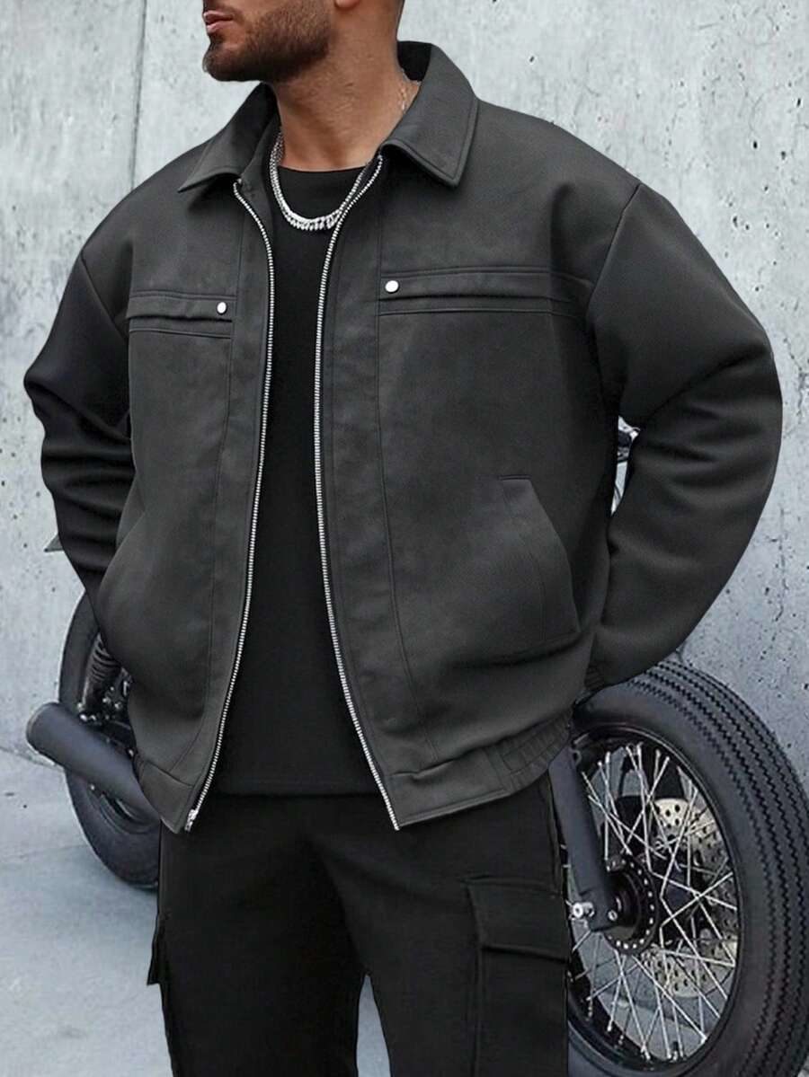 1pc Men's Long Sleeve Vintage Distressed Full Zip PU Leather Jacket