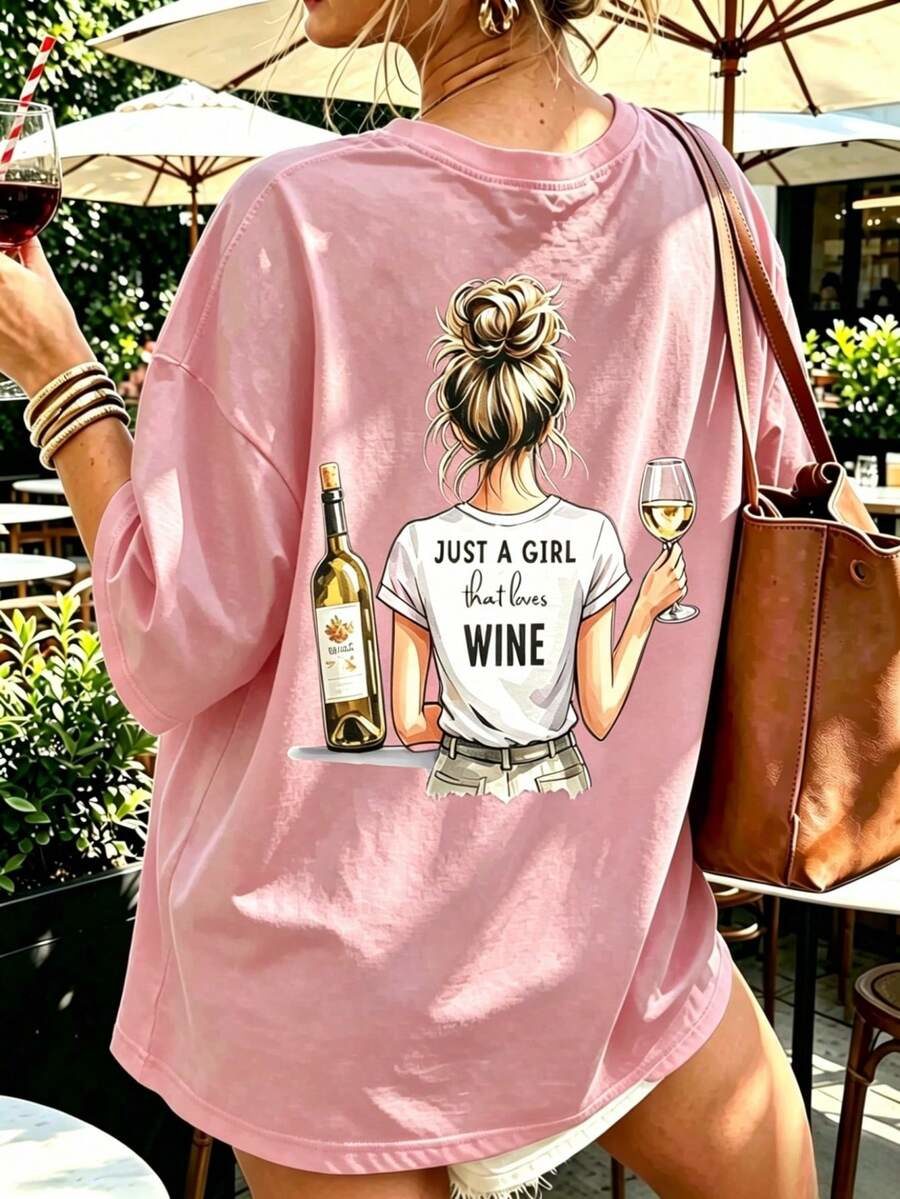 2026 Loose Casual "Just A Girl Who Loves To Drink" Graphic T-Shirt