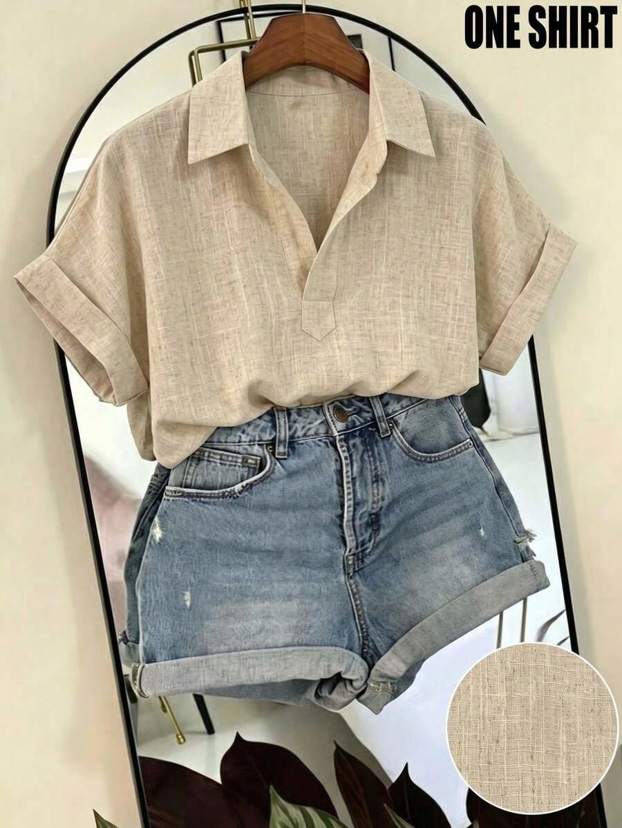 Casual Modest Versatile Solid Color Batwing Short Sleeve Shirt Brunch Vacation Navy Blue Summer