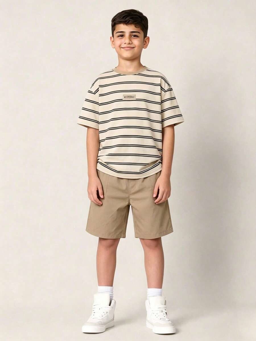 Casual Comfortable Versatile Striped Print T-Shirt And Solid Color Shorts Set