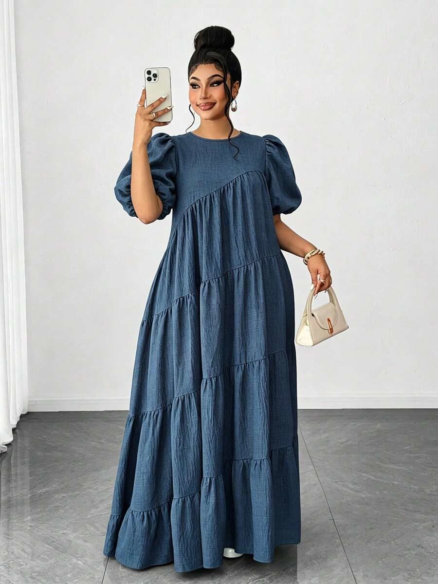 Plus Size Multi-Layer Petal Sleeve Elegant Midi Dress