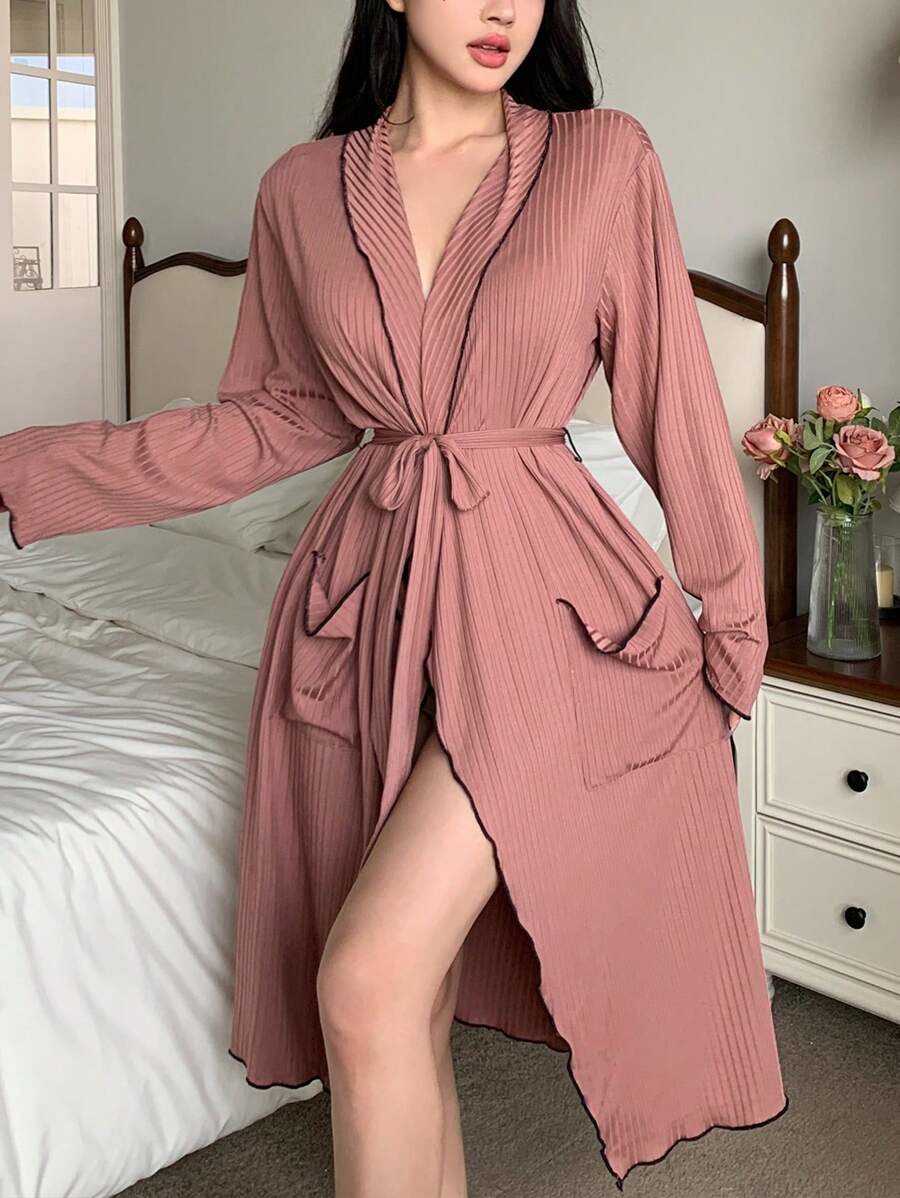 Women's Casual Ribbed Contrast Color Robe