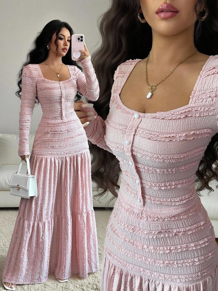 Women's Pink Textured Fabric Casual Vacation Style Long Sleeve Square Neck Button-Up Top With Paneled Design And Flared Skirt 2-Piece Set
