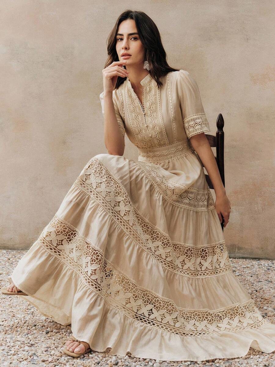 Round Neck Waist Cinched Hollow Out Crochet Short Sleeve Flared Hem Women Dress