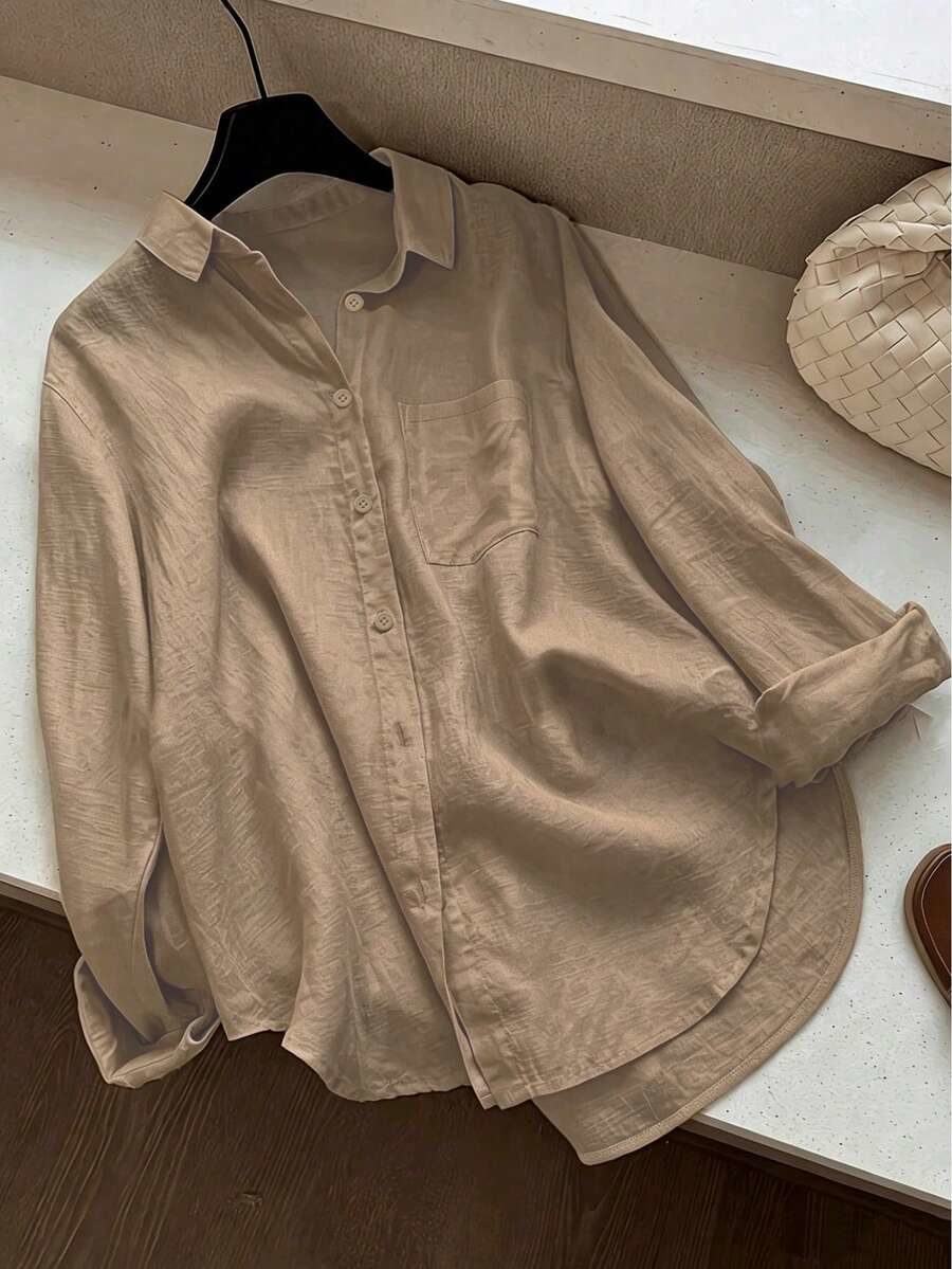 Women's Casual Solid Color Semi-Sheer Commuter Front Button Curved Hem Shirt