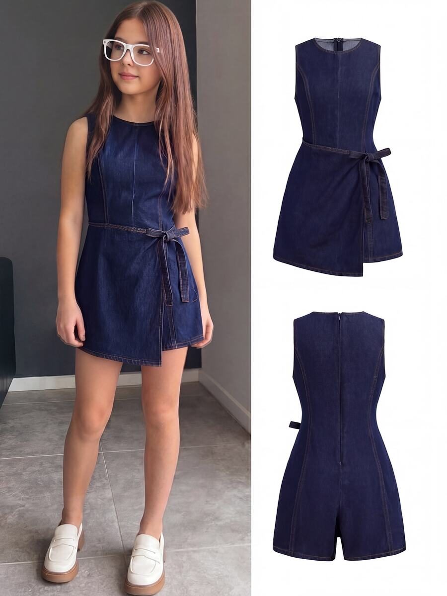 Tween Girls Casual Y2k Vintage Cool Street Dark Blue Washed Button-Up Bow