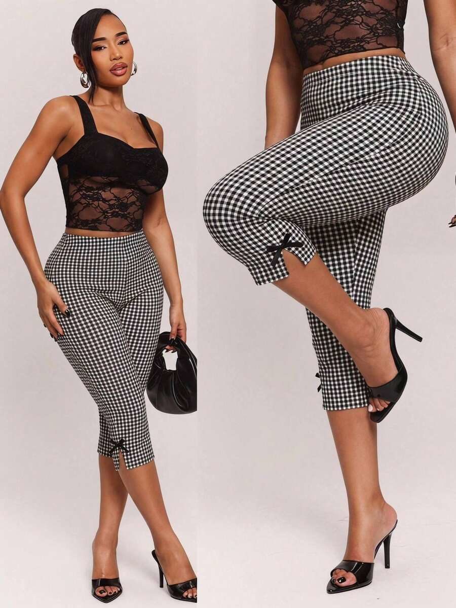 Women's Black And White Checkered Plaid Slim Fit High Waist Split Capris Daily