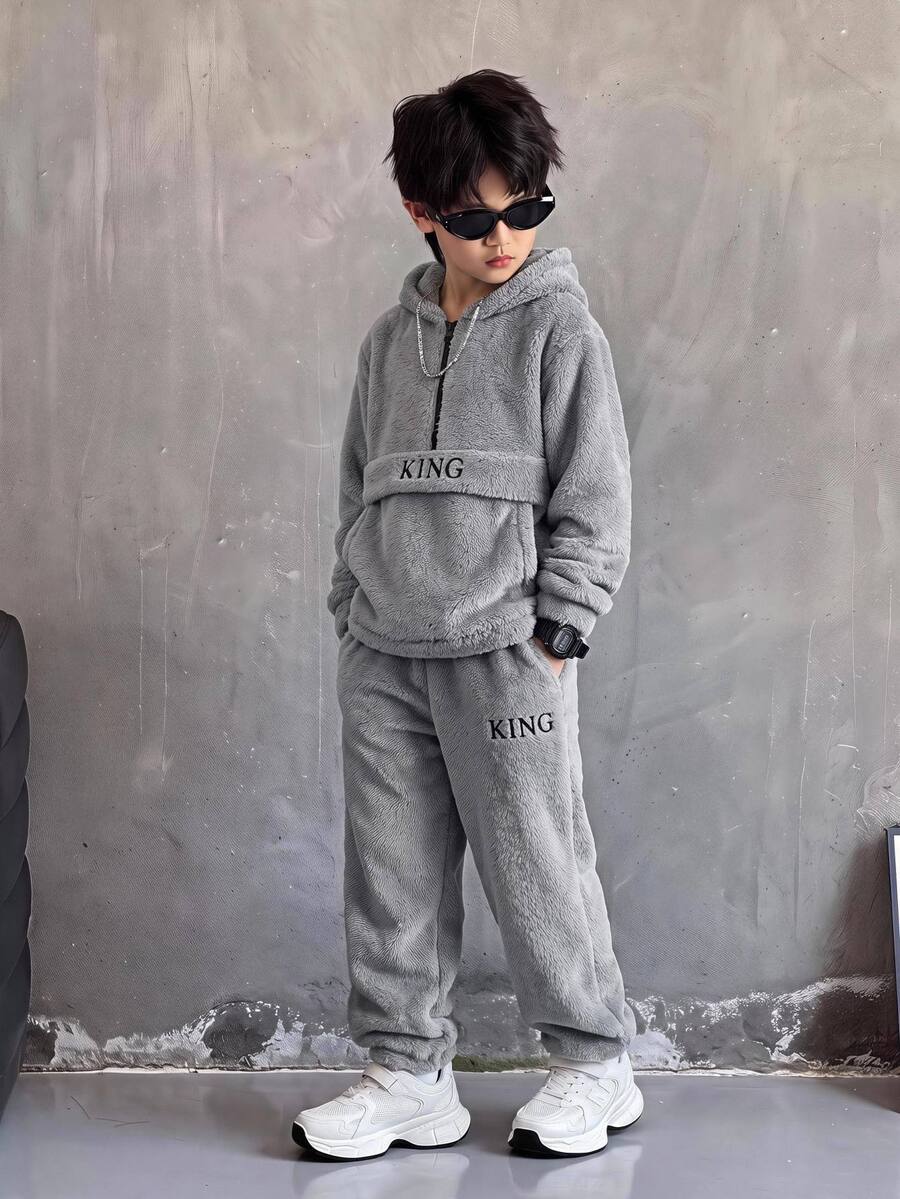 Tween Boys Casual Thermal Lined Thick Half Zip Hooded Jacket & Jogger Pants Set