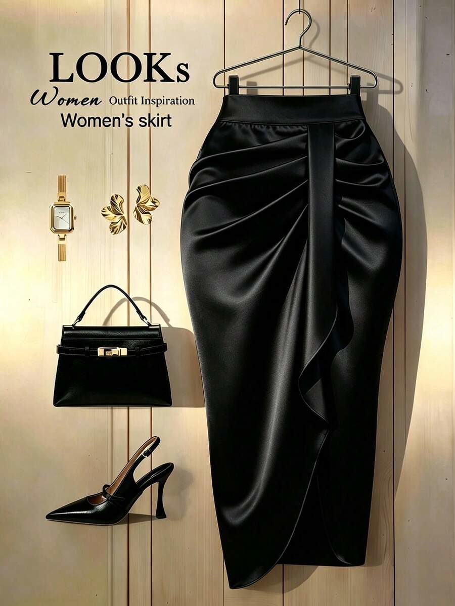 Plus Size Women's Solid Color Pleated Patchwork Ruffle Elegant Skirt
