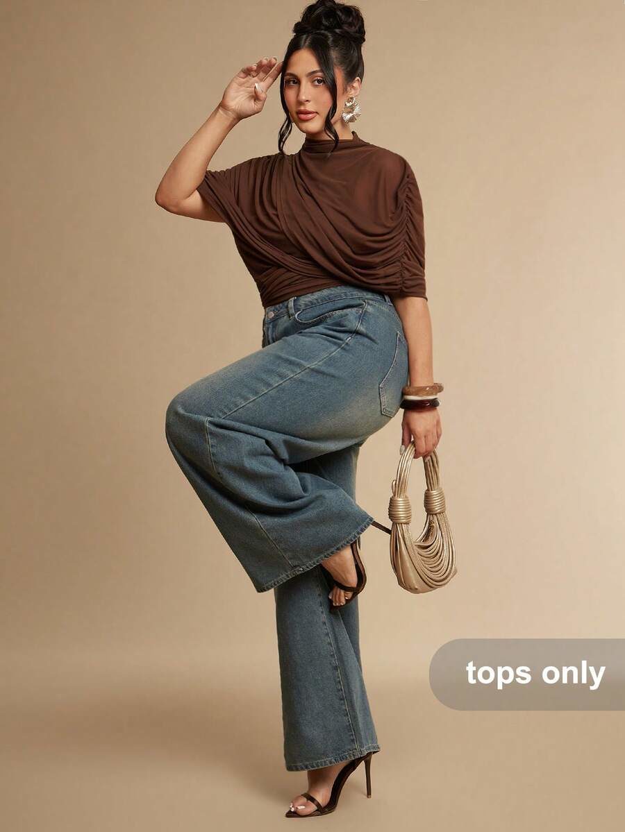 Plus Size Women's Pleated Asymmetric Design Chocolate Brown Slouchy Top