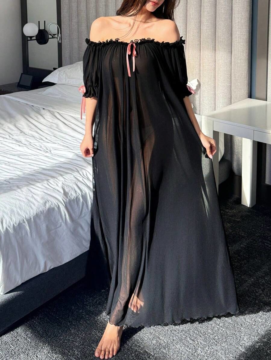 Sexy Women's Attractive Sheer Mesh Off-Shoulder Ruffle Hem Long Nightgown Pajama