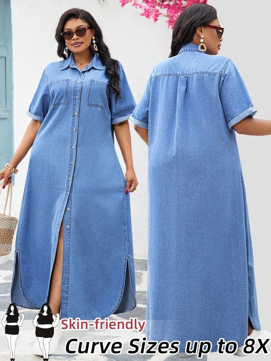Plus Size Casual Loose Fit Kawaii Business Front Button Denim Dress