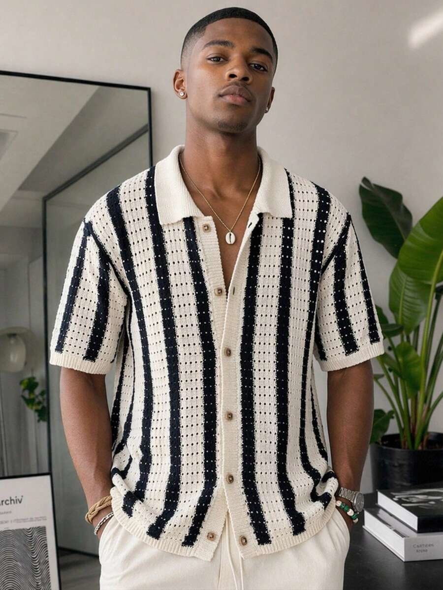 OlaRiff Men's Striped Short Sleeve Hollow-Out Single Breasted Casual Knit Top