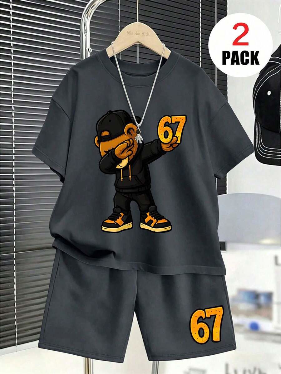 Loose Short Sleeve Top With Cartoon Bear And Number 67 Print + Sports Shorts