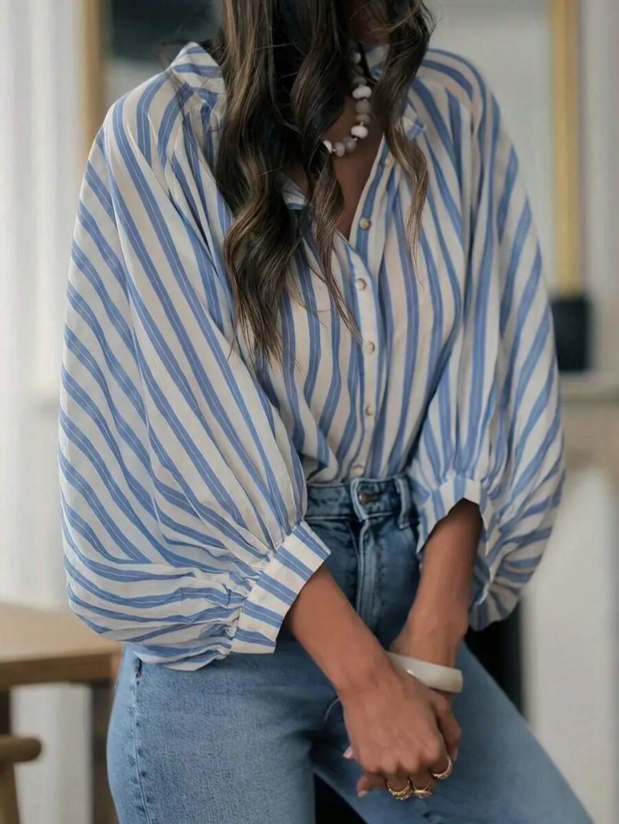 Plus Size Striped Drop Shoulder Stand Collar Button-Down Shirt