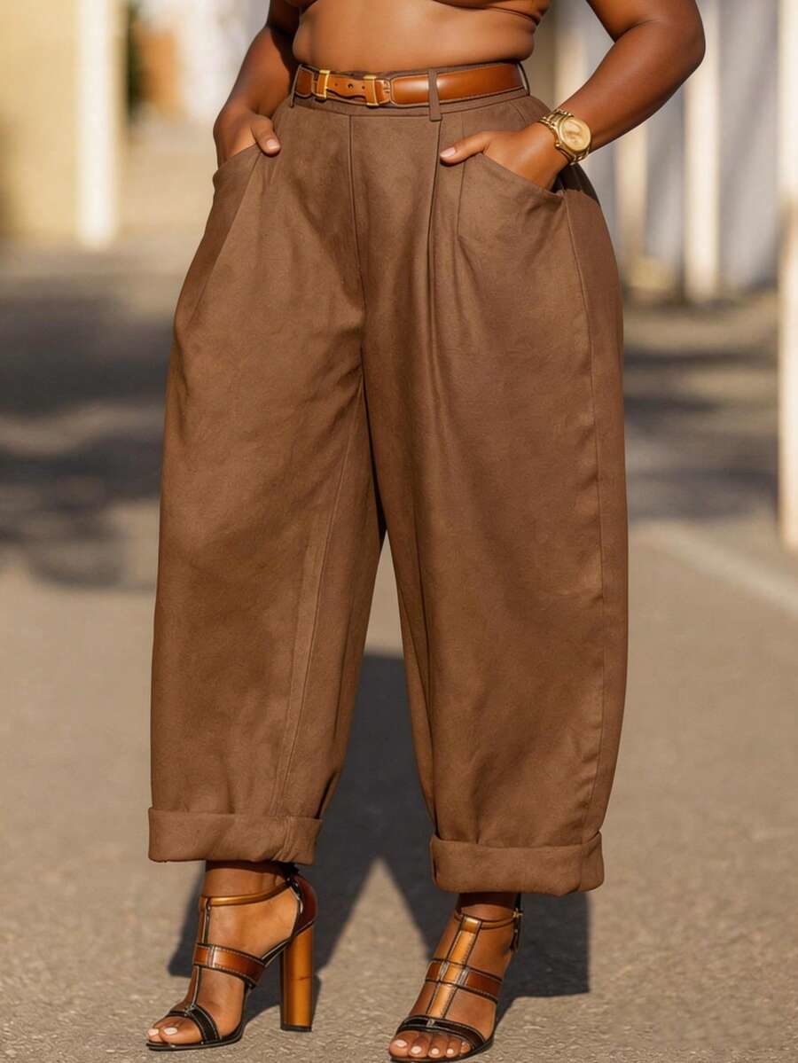 Plus Size Women's Vintage Casual Solid Color Pleated Tapered Long Pants