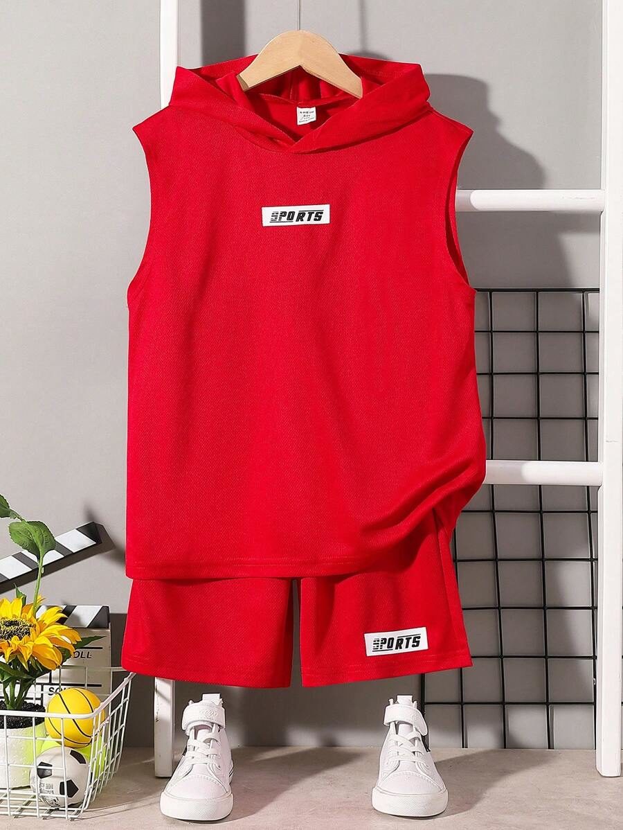 Tween Boy Casual Sports Letter Printed Casual Hooded Top And Shorts Set